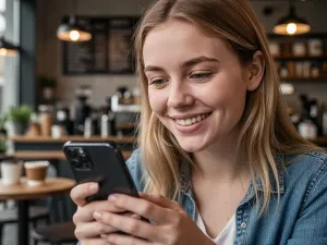 Młody mężczyzna z wyrazem zażenowania patrzy na smartfon w kawiarni, ilustrując znaczenie słowa „cringe”.