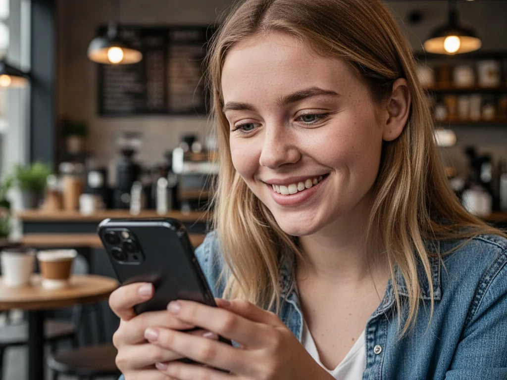 Młoda kobieta z uśmiechem przegląda telefon w przytulnej kawiarni, co ilustruje poczucie zrozumienia i bycia „rel”.