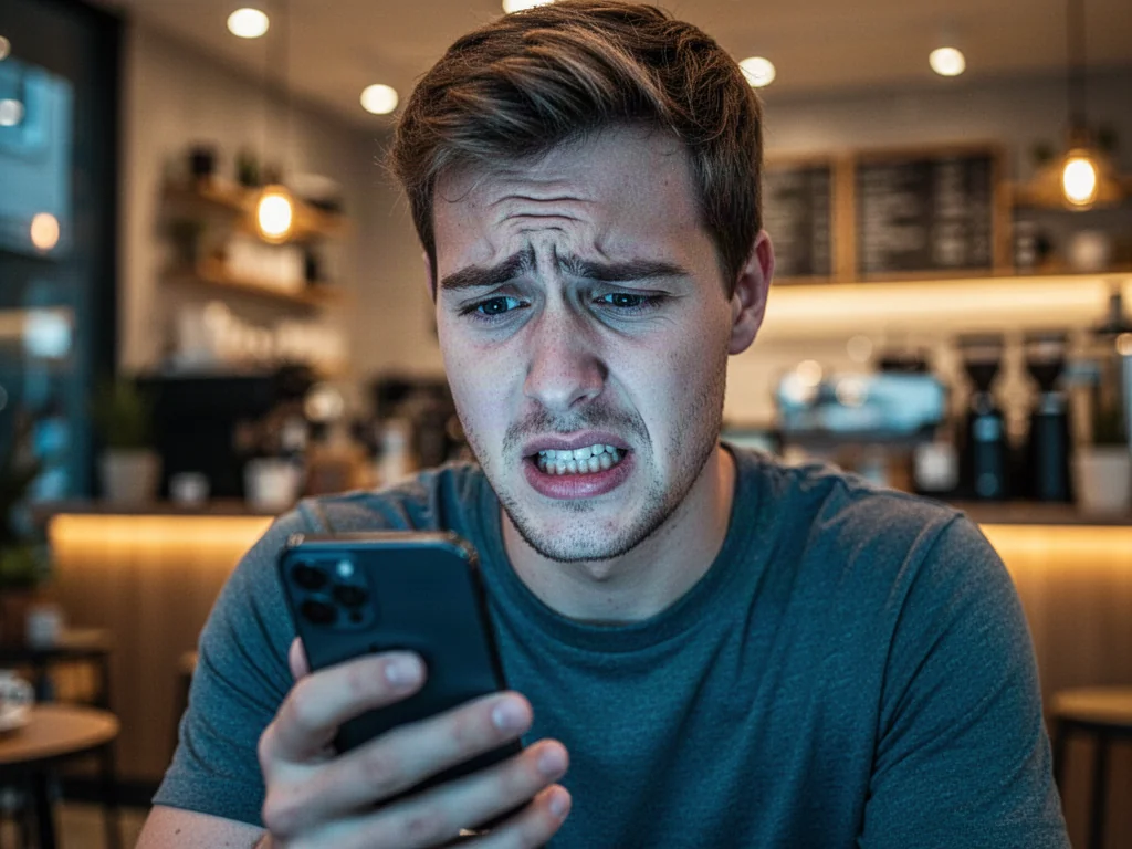 Młody mężczyzna z wyrazem zażenowania patrzy na smartfon w kawiarni, ilustrując znaczenie słowa „cringe”.