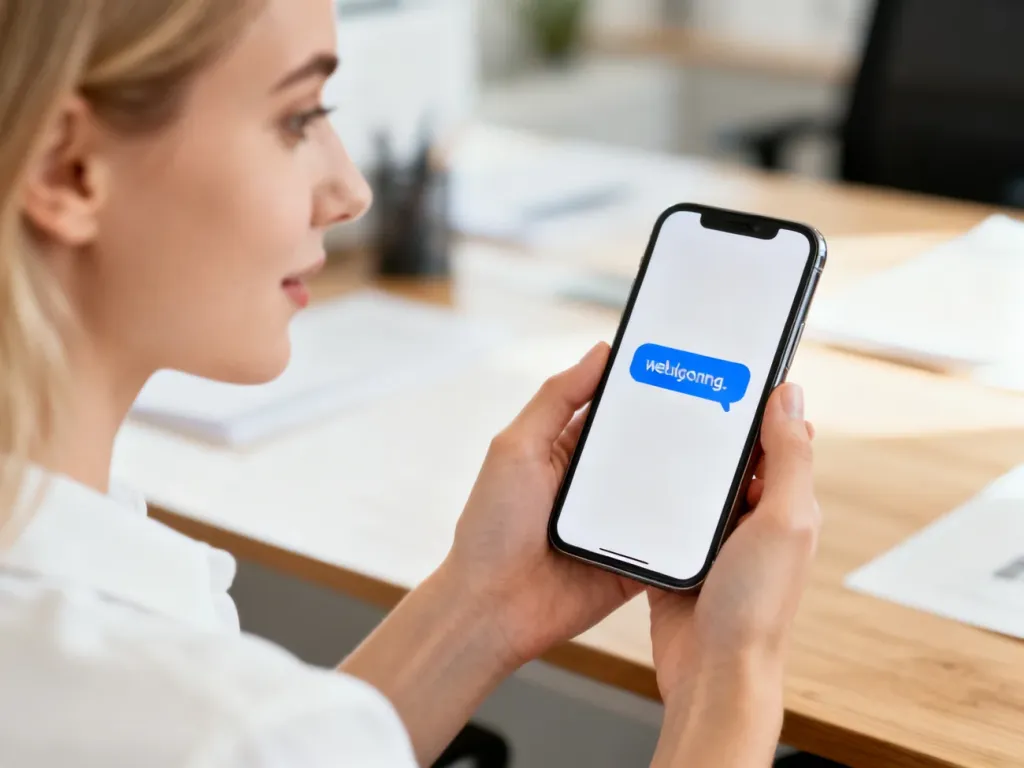 Kobieta trzyma smartfon z wyświetloną wiadomością, ilustrując przyjazną komunikację cyfrową w biurowym otoczeniu.
