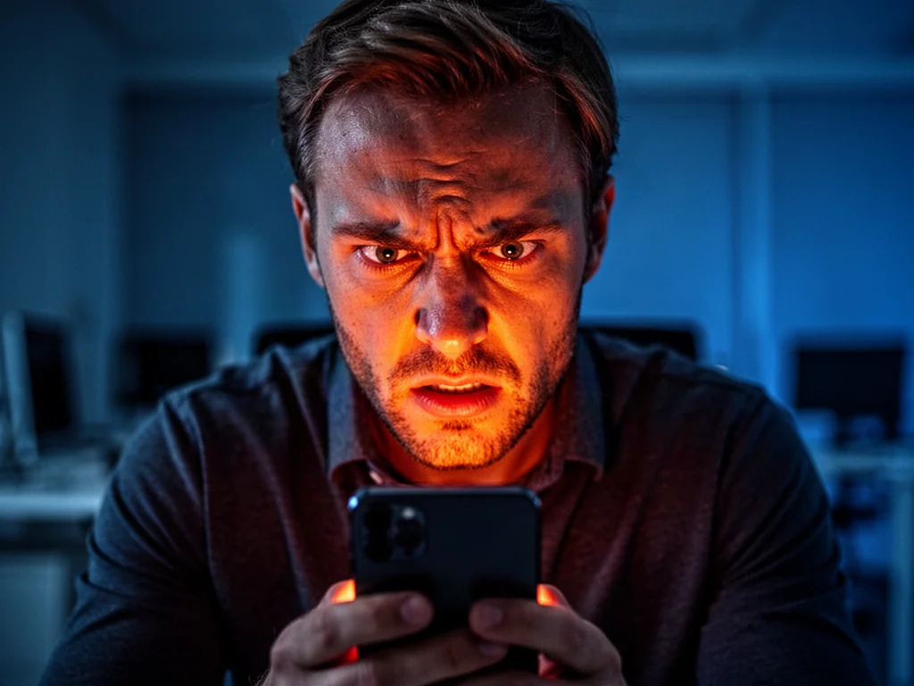 Mężczyzna z frustracją wpatruje się w ekran smartfona, którego pomarańczowe światło oświetla jego twarz w ciemnym pokoju.