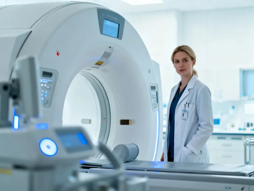Radiolog stoi obok nowoczesnego tomografu komputerowego w profesjonalnym gabinecie diagnostycznym.