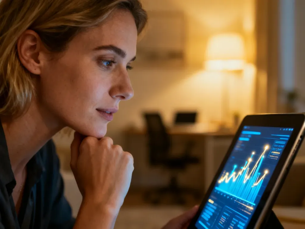 Kobieta z uwagą analizuje dane na tablecie, symbolizując nowoczesne podejście do technologii i analizy informacji.