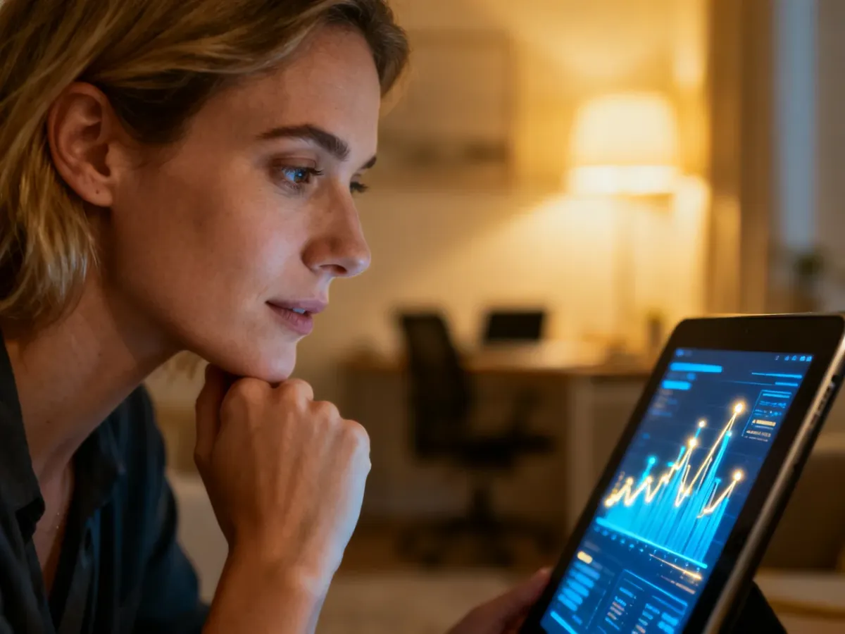 Kobieta z uwagą analizuje dane na tablecie, symbolizując nowoczesne podejście do technologii i analizy informacji.