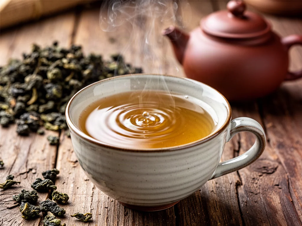 Parująca filiżanka bursztynowej herbaty oolong na drewnianym stole, obok tradycyjny czajniczek i liście herbaty.