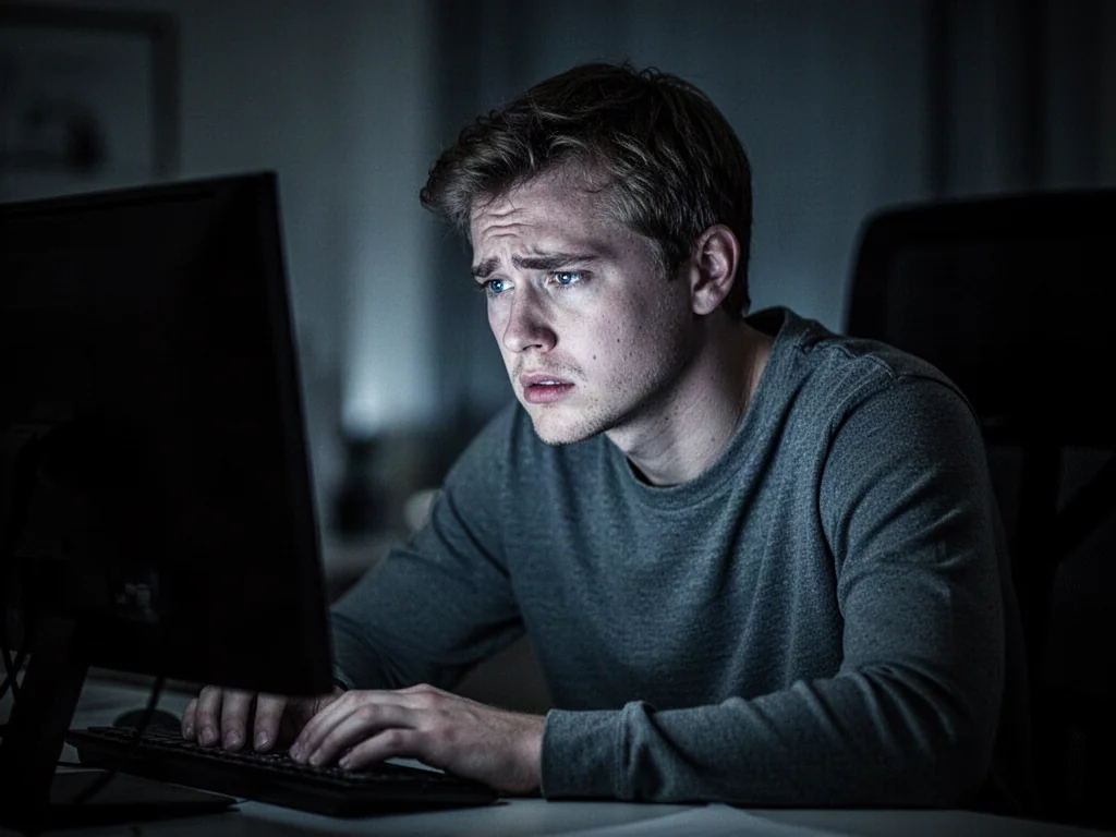Młody mężczyzna w przyciemnionym pokoju, patrzący z przygnębieniem w ekran komputera, co ilustruje negatywne skutki cyberprzemocy.