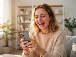 Nastolatkowie siedzący razem na kanapie i z ekscytacją patrzący w smartfon, co ilustruje wspólne śledzenie relacji.