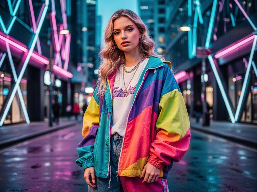 Stylowa młoda kobieta w modnym streetwearze na tle neonowej miejskiej ulicy, ilustrująca współczesną kulturę młodzieżową.