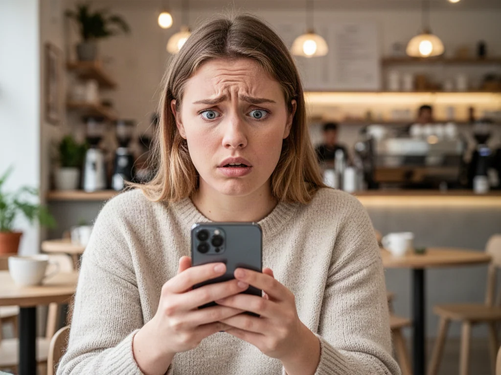 Młoda kobieta zdezorientowana patrząca na ekran smartfona w kawiarni, ilustrująca niezrozumienie internetowego skrótu.