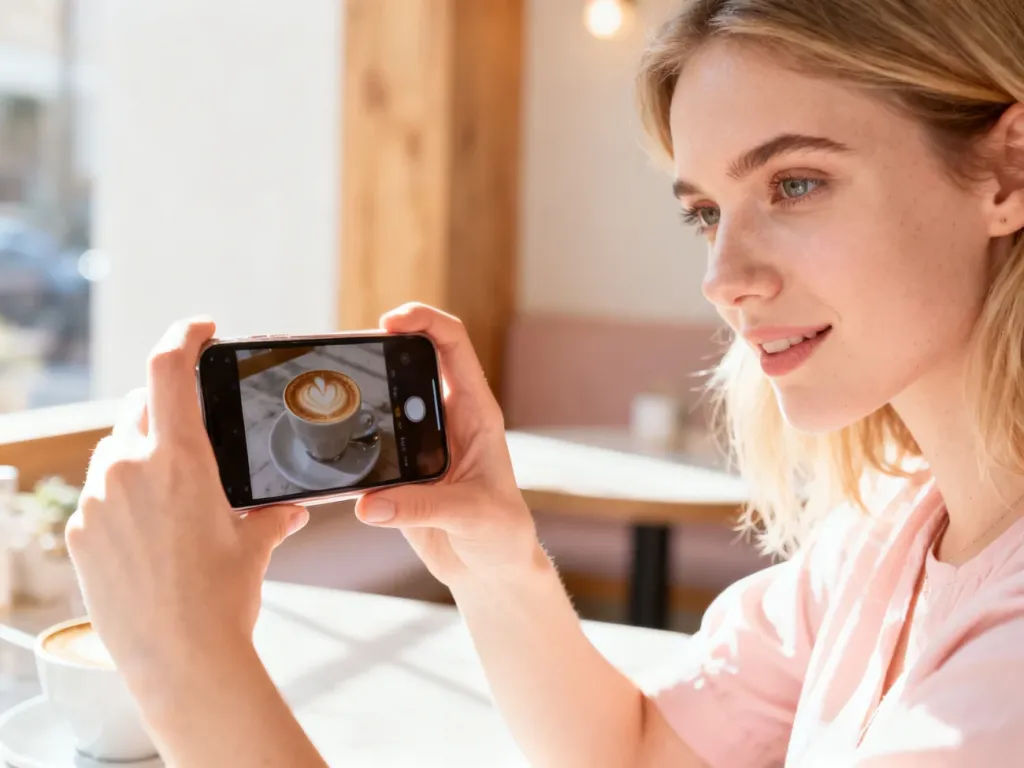 Młoda kobieta robi zdjęcie kawy w kawiarni za pomocą smartfona, co ilustruje popularność udostępniania treści na Instagramie.