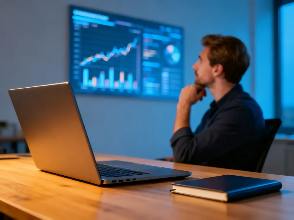 Profesjonalne stanowisko pracy z laptopem i notatnikiem, w tle mężczyzna analizujący wykresy w biurowym otoczeniu.