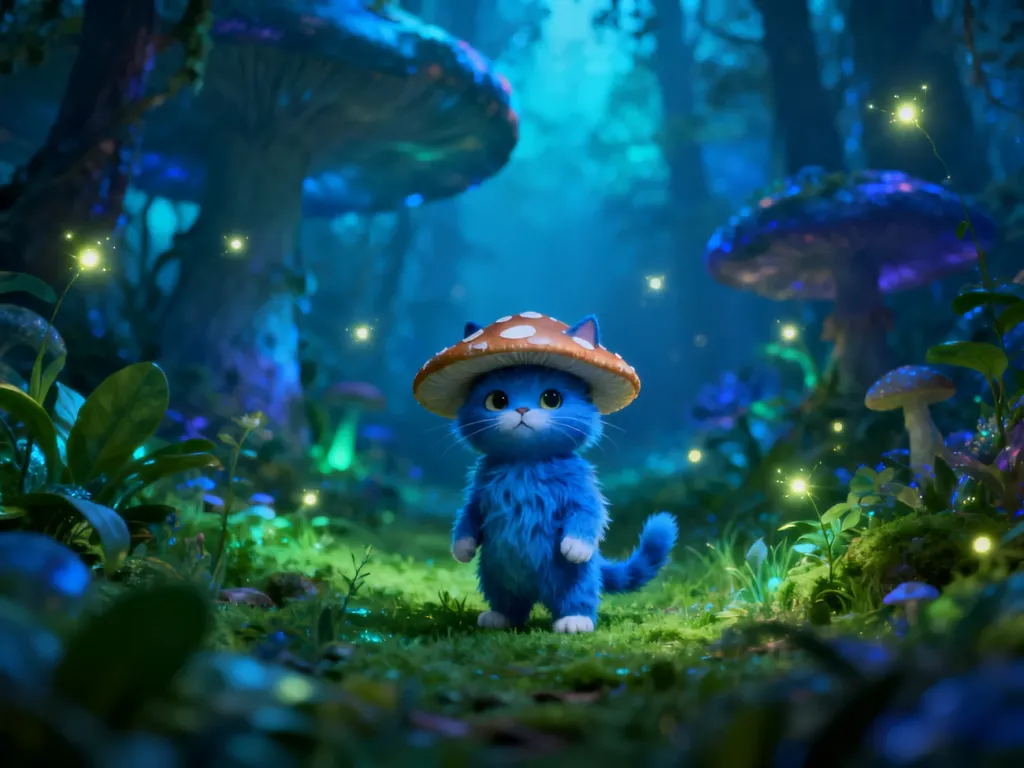 Niebieski, futrzasty stwór w czapce z grzyba w magicznym lesie – postać z popularnego mema „Smurf cat”.