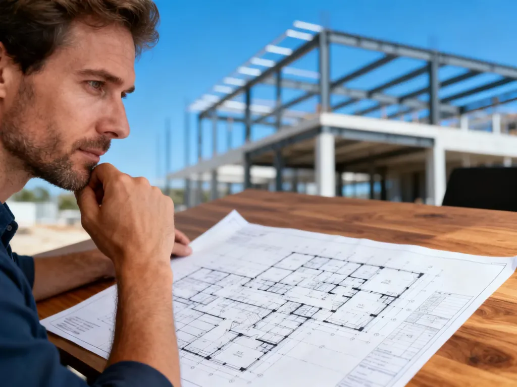 Architekt analizujący projekt budowlany na tle nowoczesnej inwestycji.