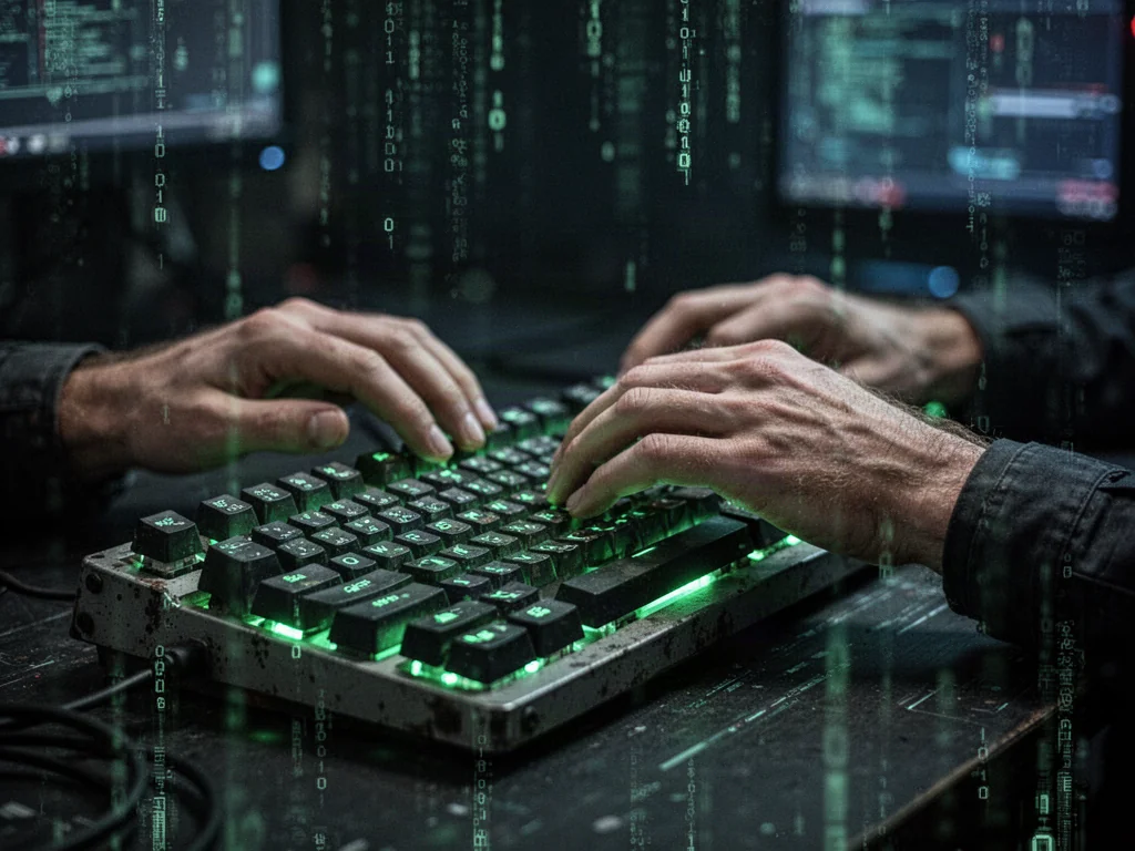 Dłonie piszące na podświetlanej klawiaturze mechanicznej w klimacie cyberpunk, nawiązującym do estetyki hakerskiej.