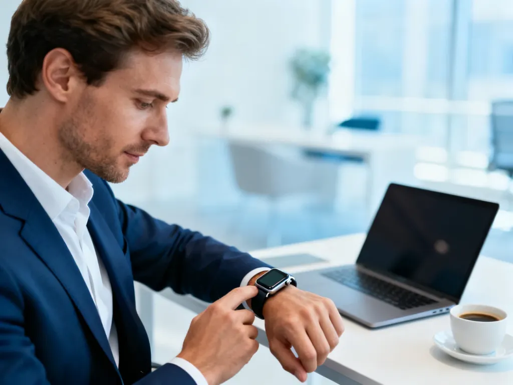 Biznesmen w nowoczesnym biurze sprawdza godzinę na smartwatchu, co podkreśla znaczenie efektywnego zarządzania czasem.