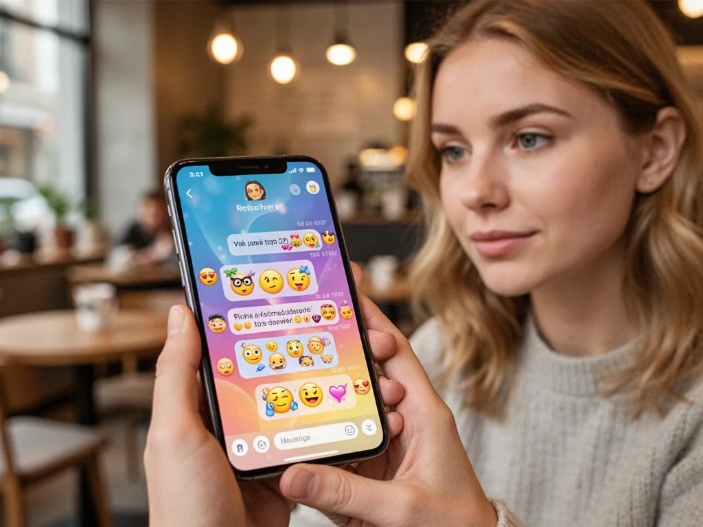 Młoda kobieta trzyma smartfon z otwartym komunikatorem, ilustrując swobodną komunikację cyfrową w kawiarni.