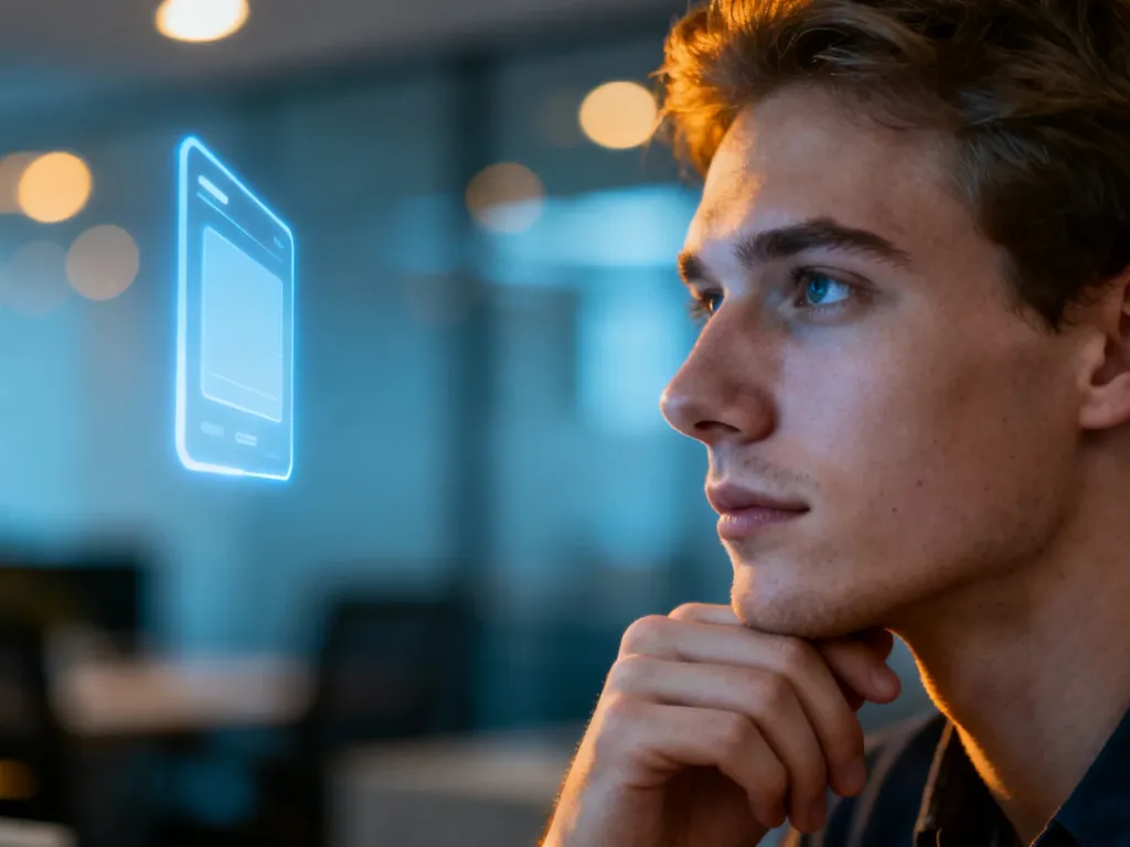 Młody mężczyzna zamyślony nad nowoczesnym interfejsem cyfrowym, symbolizującym zaawansowane technologie informatyczne.