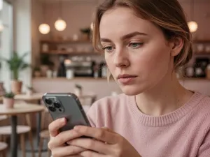 Młoda kobieta uśmiecha się, patrząc na smartfon w nowoczesnym biurze, co ilustruje swobodną komunikację online.