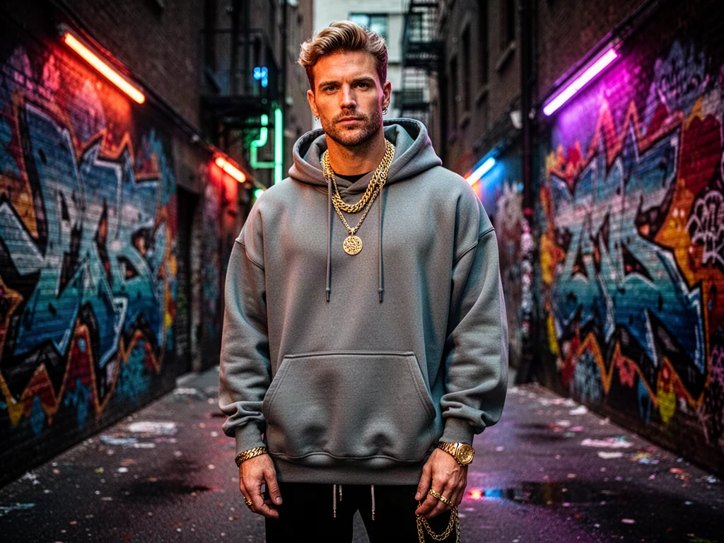 Mężczyzna w modnym streetwearze i złotych dodatkach pozujący na tle miejskiego graffiti, ilustrujący styl swag.