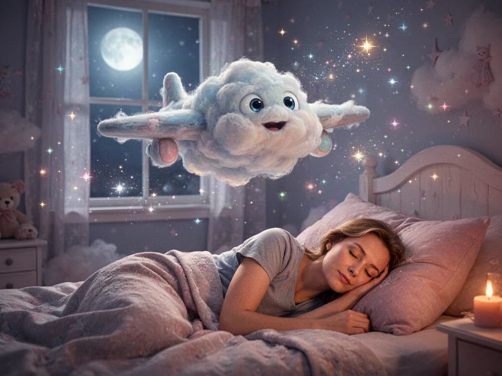 Kobieta śpiąca spokojnie w łóżku, nad którą unosi się surrealistyczny, puszysty śpiulkolot w magicznej, nocnej scenerii.