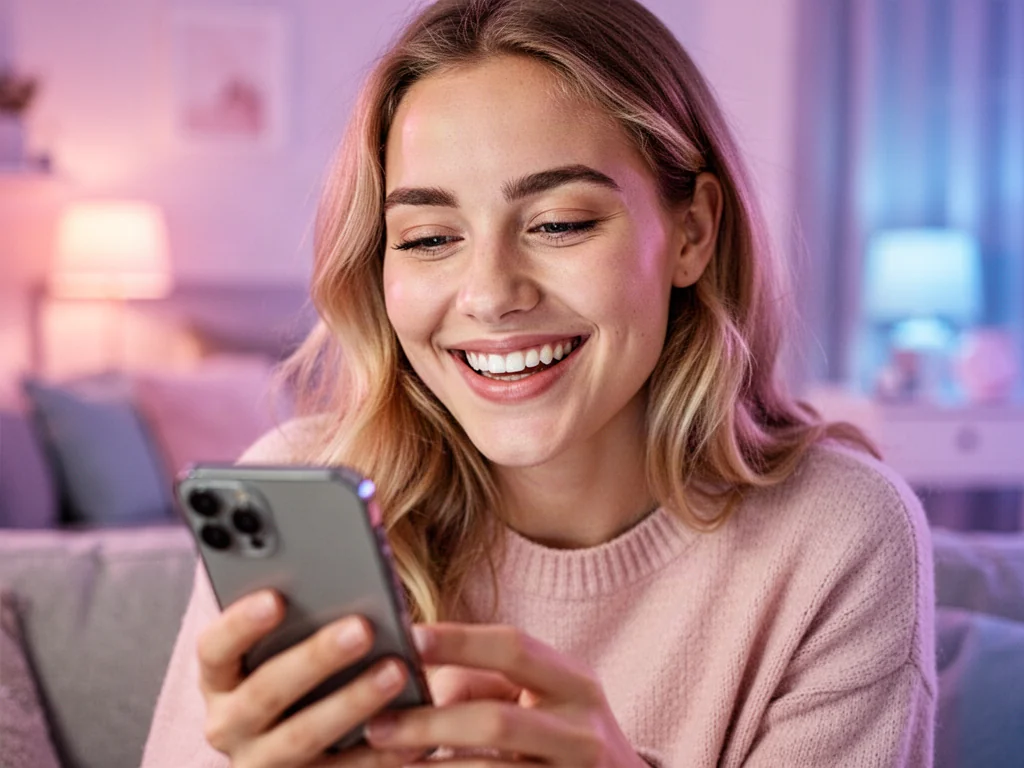 Młoda kobieta z uśmiechem przegląda telefon w przytulnym, pastelowym wnętrzu, emanując radością i pozytywną energią.