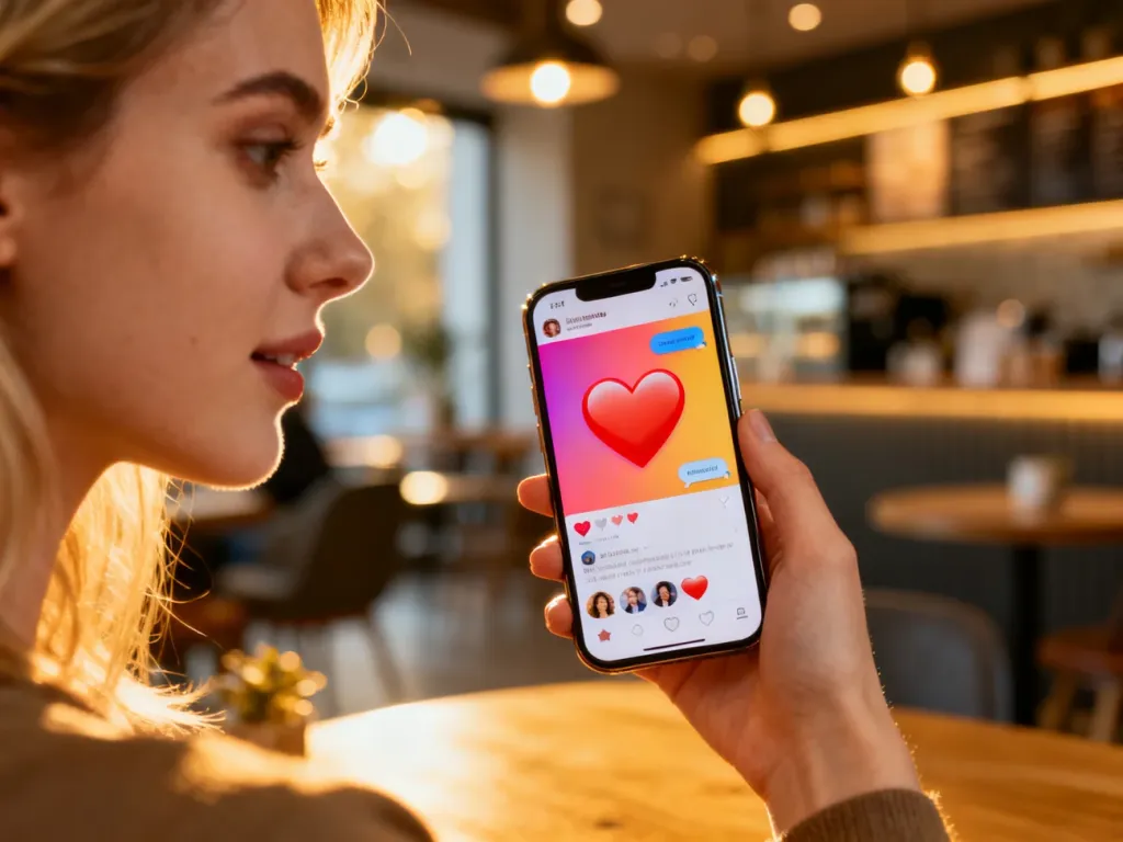 Kobieta trzymająca smartfon z interfejsem mediów społecznościowych w przytulnej kawiarni.