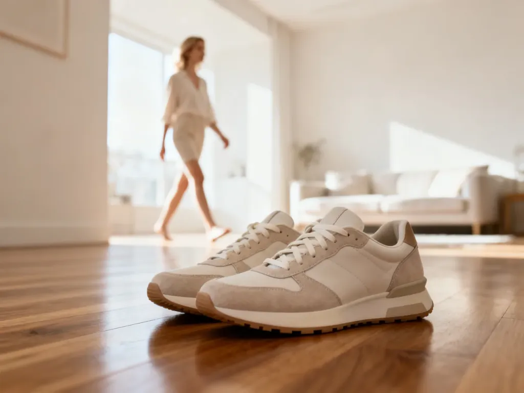 Nowoczesne, wygodne sneakersy na drewnianej podłodze w słonecznym, minimalistycznym salonie.
