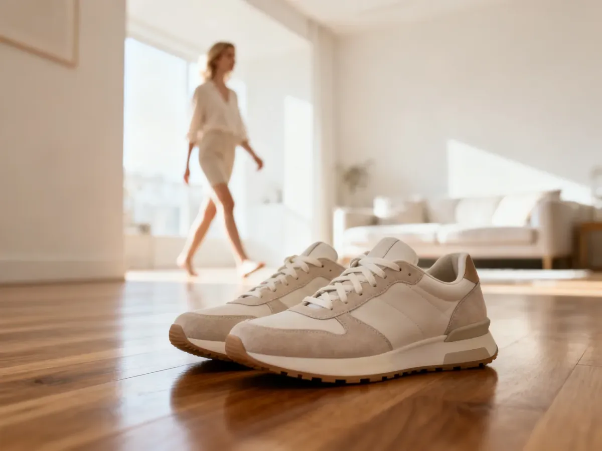 Nowoczesne, wygodne sneakersy na drewnianej podłodze w słonecznym, minimalistycznym salonie.