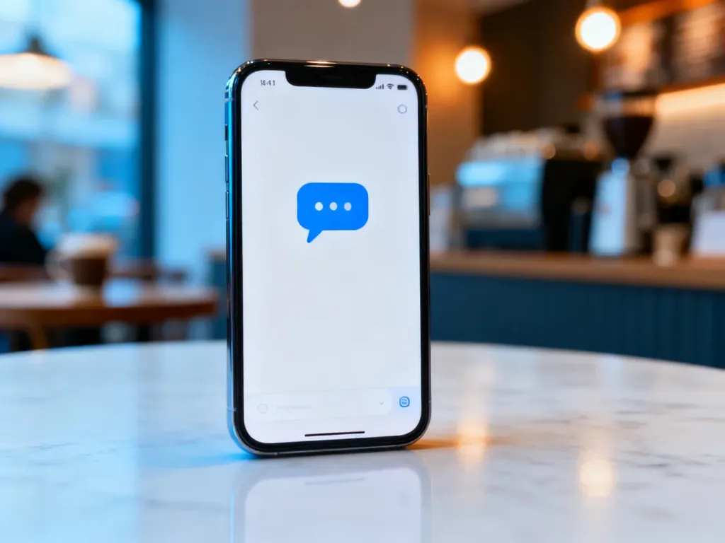 Smartfon z nowoczesnym interfejsem czatu na tle przytulnej kawiarni, ilustrujący cyfrową komunikację.
