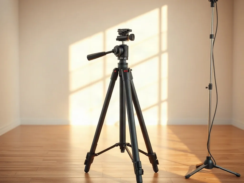 Profesjonalny statyw fotograficzny z włókna węglowego ustawiony w jasnym, minimalistycznym studiu.