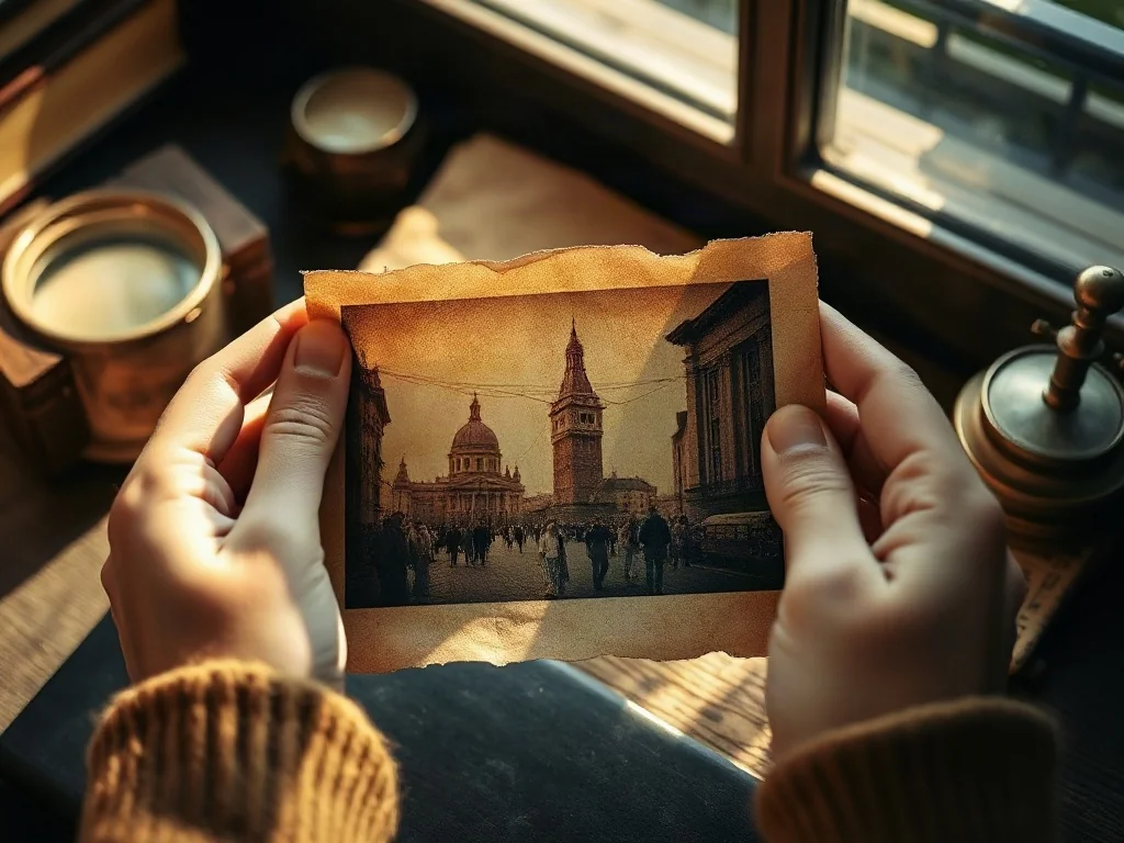 Stara fotografia w odcieniach sepii leżąca na drewnianym biurku obok lupy, symbolizująca badanie historii przez pryzmat zdjęć.