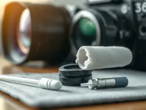 Profesjonalny sprzęt fotograficzny na drewnianym biurku w słonecznym biurze, symbolizujący warsztat pracy fotografa.