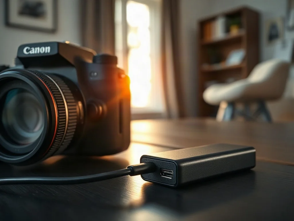 Profesjonalny aparat podłączony kablem USB-C do powerbanka na drewnianym biurku, gotowy do ładowania w domowym biurze.