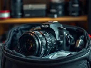 Profesjonalny dysk SSD na biurku obok aparatu fotograficznego, podkreślający sprzęt niezbędny w pracy fotografa.
