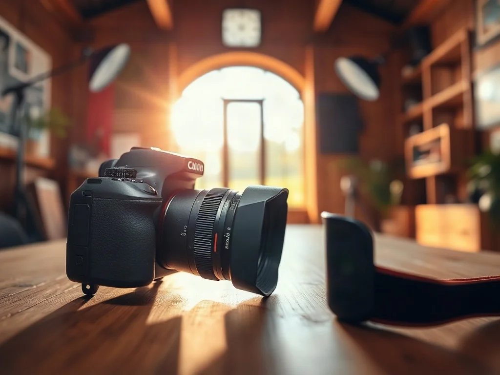 Profesjonalny aparat z widocznymi pokrętłami ustawień na drewnianym stole w słonecznym studiu fotograficznym.