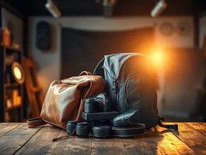Profesjonalny aparat fotograficzny na drewnianym stole w studio, ilustrujący sprzęt używany w profesjonalnej fotografii.